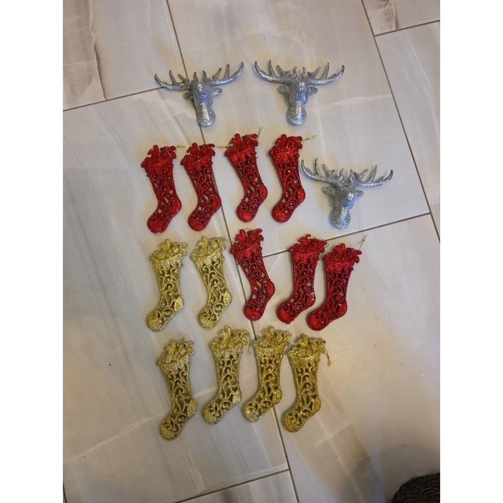 Lot of 16 Glitter Christmas Ornaments Stockings & Reindeer Heads Red, Gold